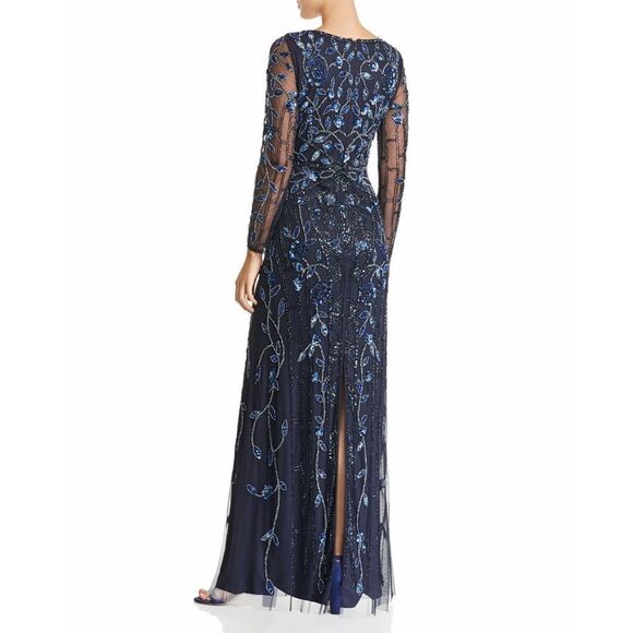 New! AIDAN MATTOX Women's Sequined Beaded Dress Gown Color Blue Long Sleeve - Picture 2 of 8